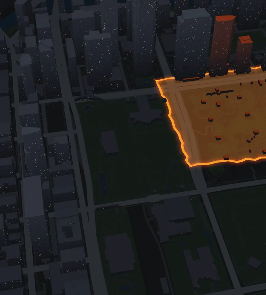 A night map of downtown Chicago. A lime loop is run around Millennium Park and the ground inside it is claimed.